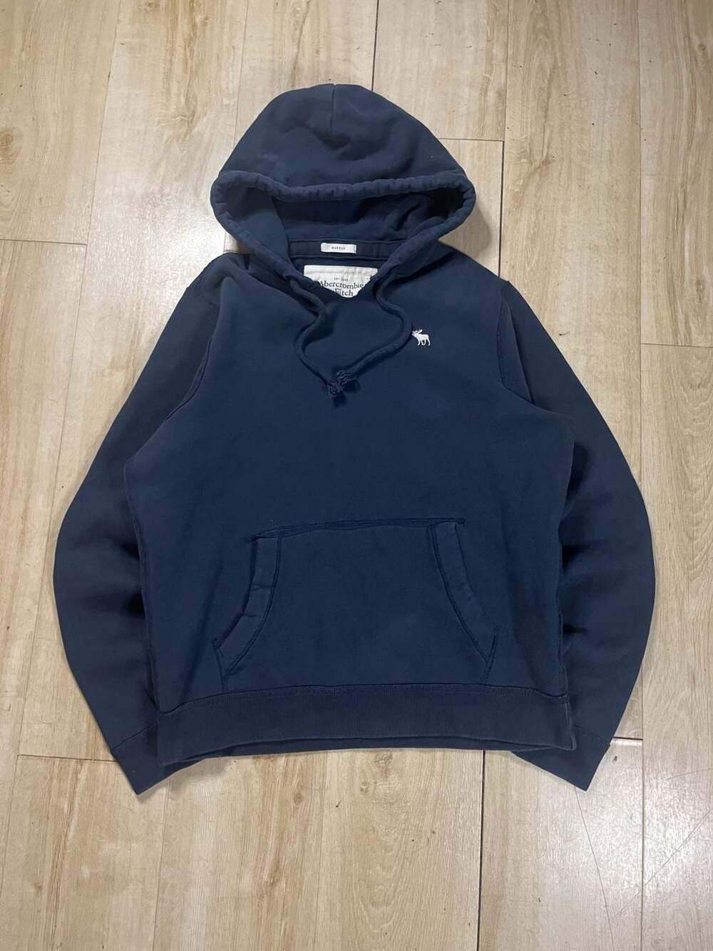 Abercrombie & Fitch Muscle Fit Navy Blue Hoodie with White Moose Logo